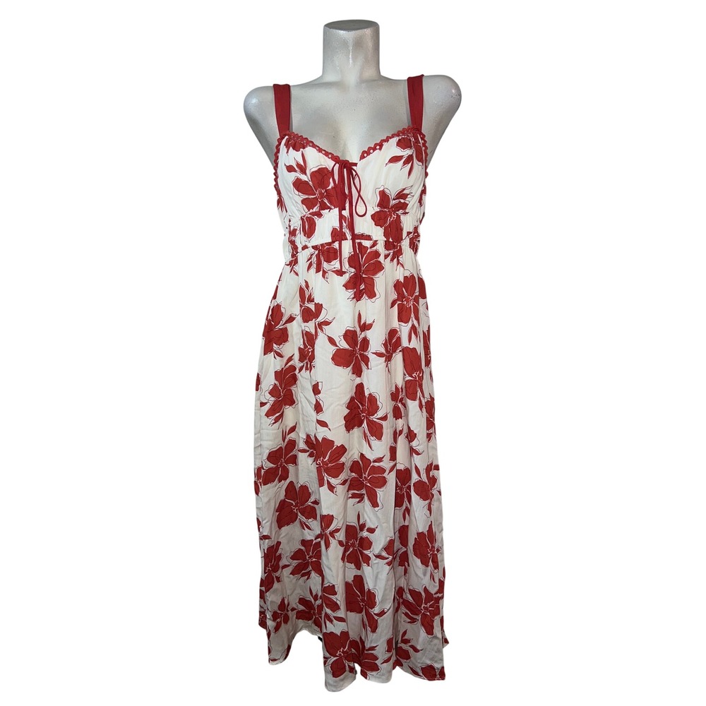 Blu Pepper Womens Red White Floral Maxi Dress L Sweetheart Crochet Trim CR2616